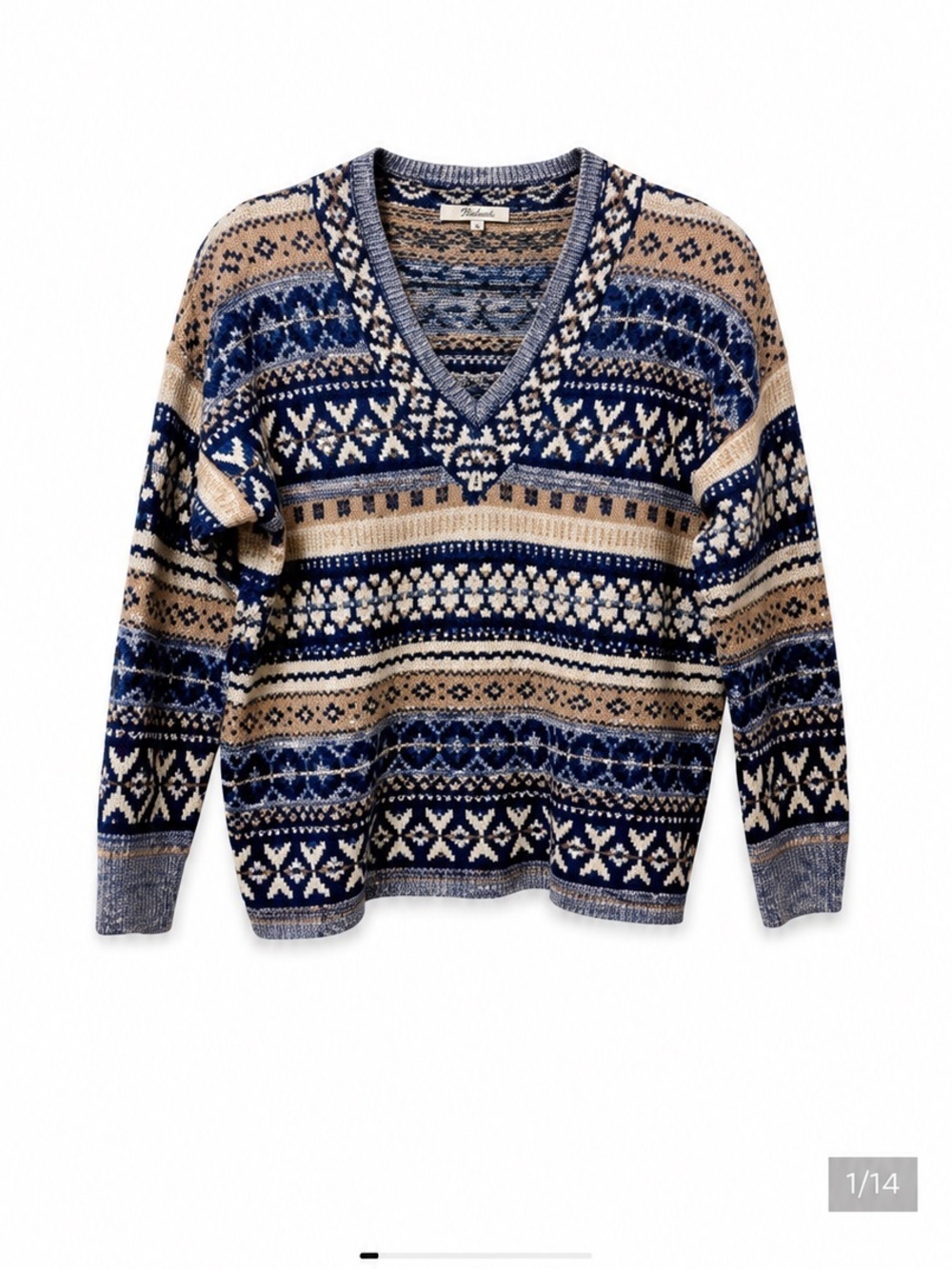 Madewell Forrest Fair Isle Women’s Multicolor,V-Neck Long Sleeve Sweater. Size-M